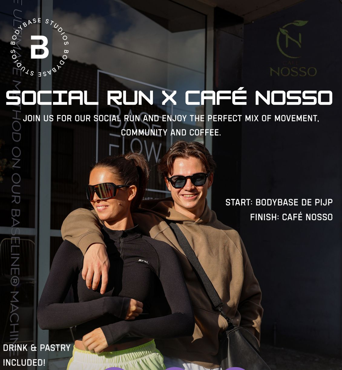 Social Run x Café Nosso campaign visual with BodyBase and Café Nosso